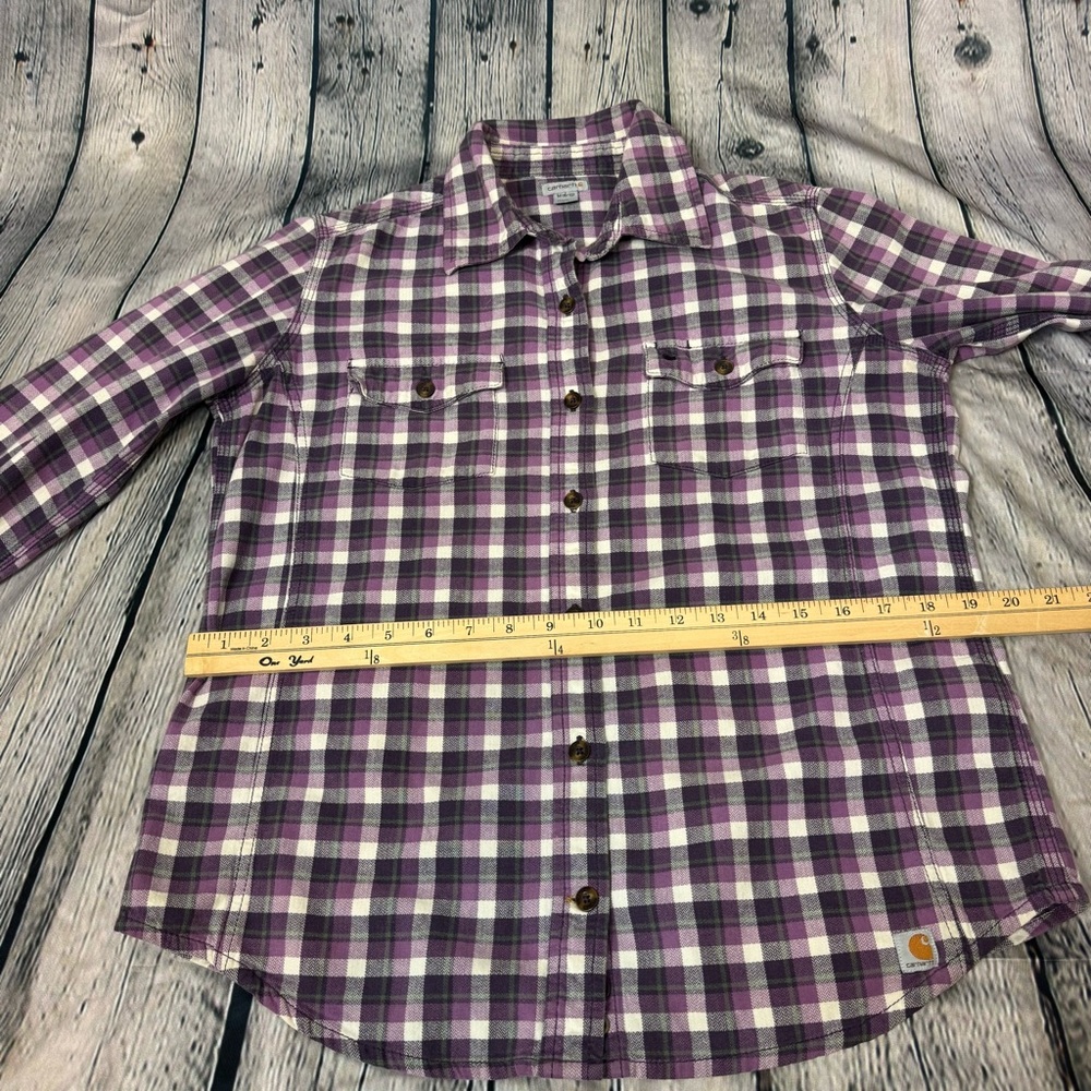Women’s Carhartt Flannel Purple Grey Button Down Size Medium Workwear Outdoorsy - Picture 6 of 11
